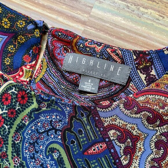 Highline Mini Shift Dress Multicolor Boho Paisley Chiffon Sheer Bell Sleeves - Picture 4 of 7